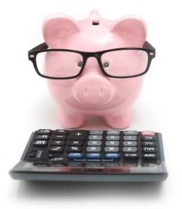 Piggy bank with glasses using a calculator